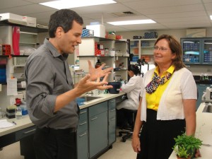 David Pogue, the host of the NOVA/PBS Making Stuff series, interviews with Dr. June Medford in her lab on the Colorado State University campus. Medford's plant sentinel program, which is being funded by DTRA and DHS, will be featured on an upcoming series called Making Stuff: Safer. The series will air sometime in the fall of 2013. (DoD photo by Lynda Yezzi)